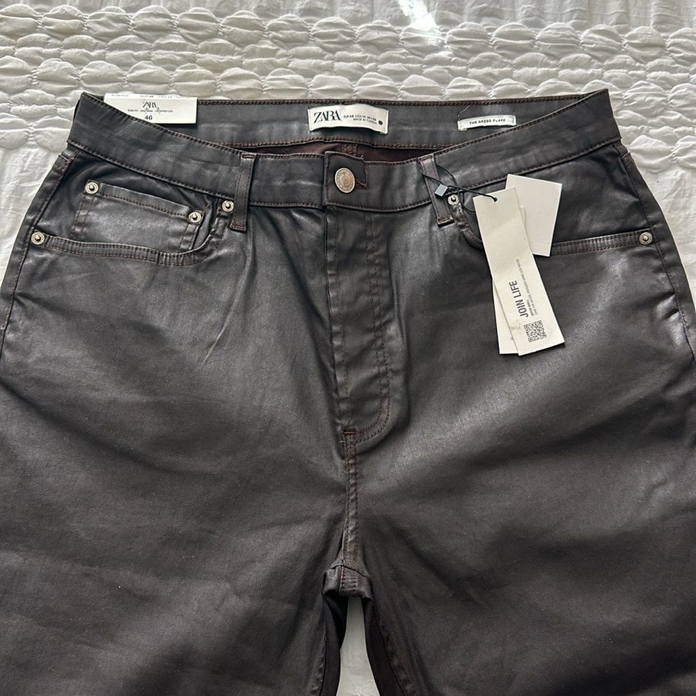 Zara Jeans NWT Sz 14 The Dreed Flare Coated Mocha High Rise Slim Fit cropped Leg
